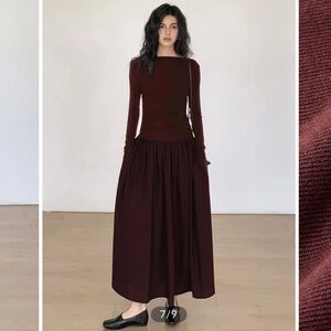 Commense Wine-Burgundy Long Sleeve Midi Dress